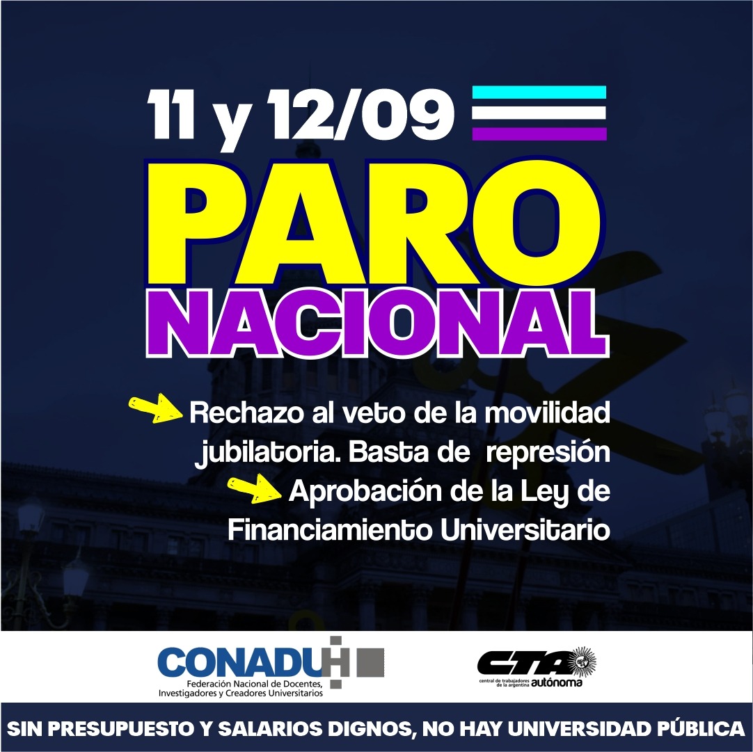 PARO NACIONAL: 11 y 12 de septiembre por 48 horas en las universidades públicas