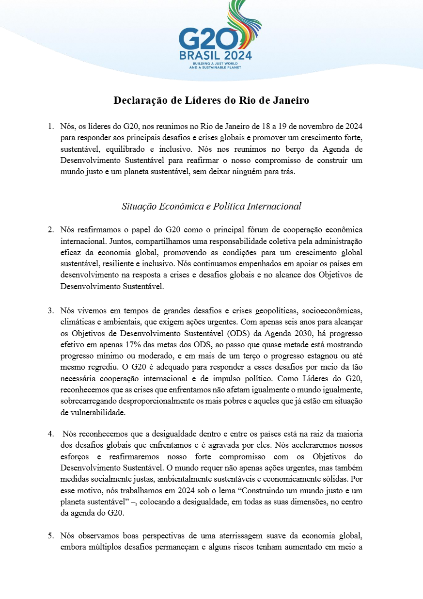 Cumbre del G20: declaración final incluye preocupación sobre crisis humanitaria en Gaza