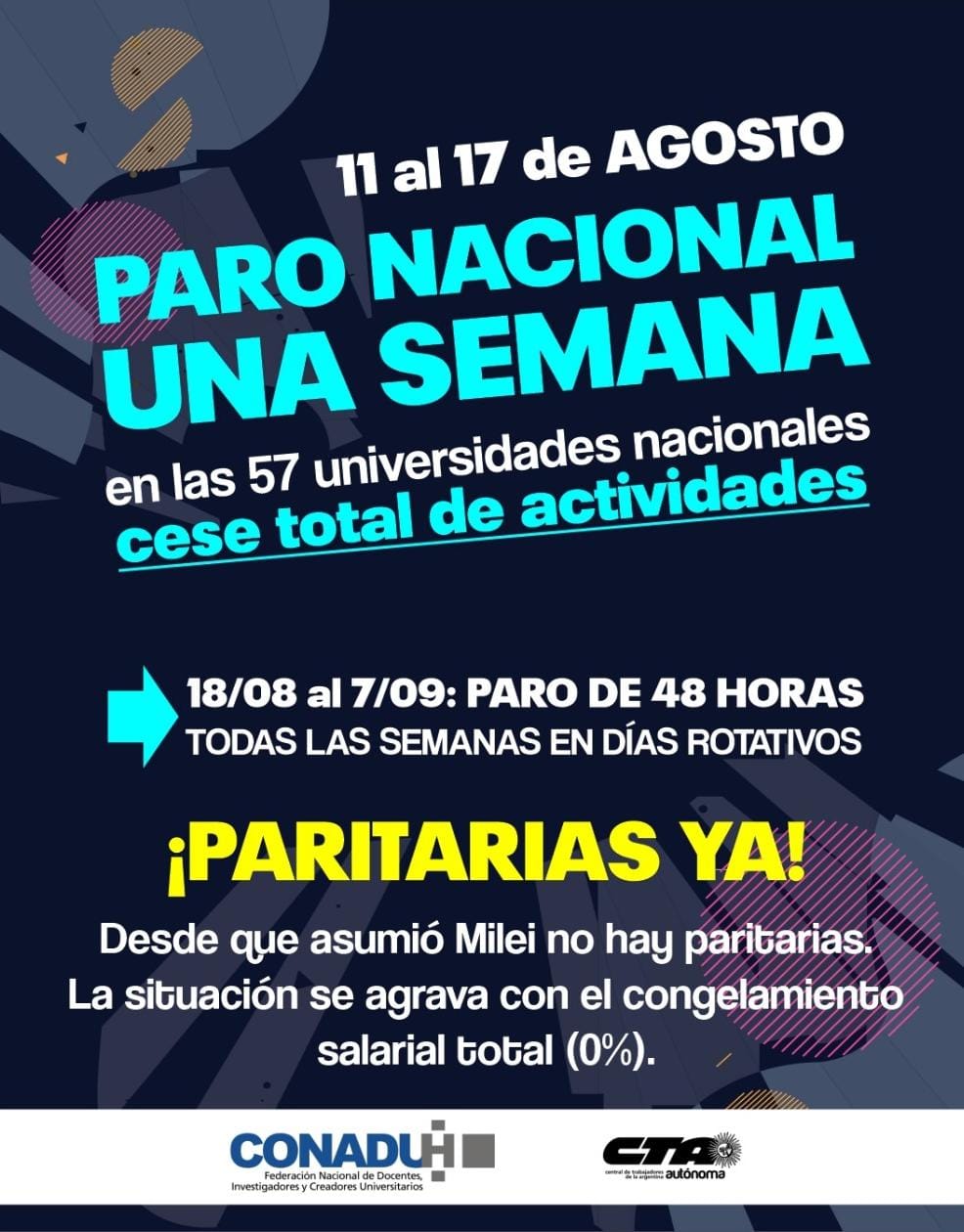 Del 11 al 17 de agosto: una semana de paro total de actividades en las 57 universidades nacionales