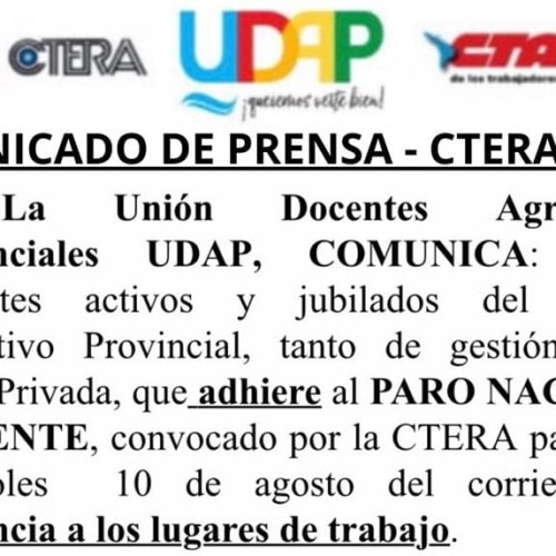 ATENCION: UDAP ratificó el paro docente del miércoles. La medida de fuerza se realiza en adhesión al paro convocado a nivel nacional.