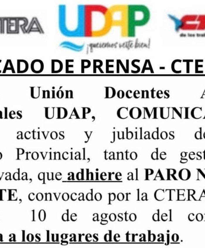ATENCION: UDAP ratificó el paro docente del miércoles. La medida de fuerza se realiza en adhesión al paro convocado a nivel nacional.