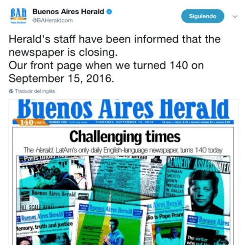 Cierra en Argentina el Buenos Aires Herald, el único que denunció las violaciones de los derechos humanos durante el gobierno militar