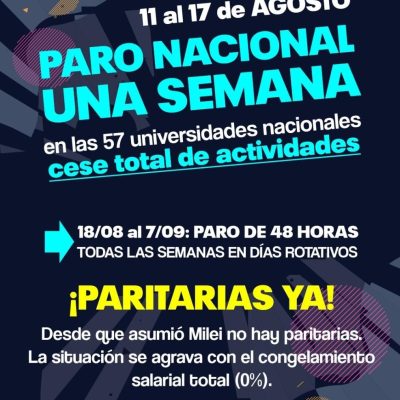 Del 11 al 17 de agosto: una semana de paro total de actividades en las 57 universidades nacionales