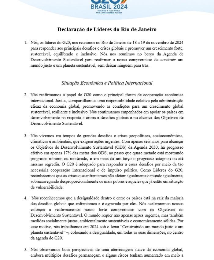 Cumbre del G20: declaración final incluye preocupación sobre crisis humanitaria en Gaza