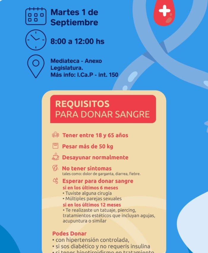 La Legislatura realizará una colecta de sangre para promover la donación voluntaria